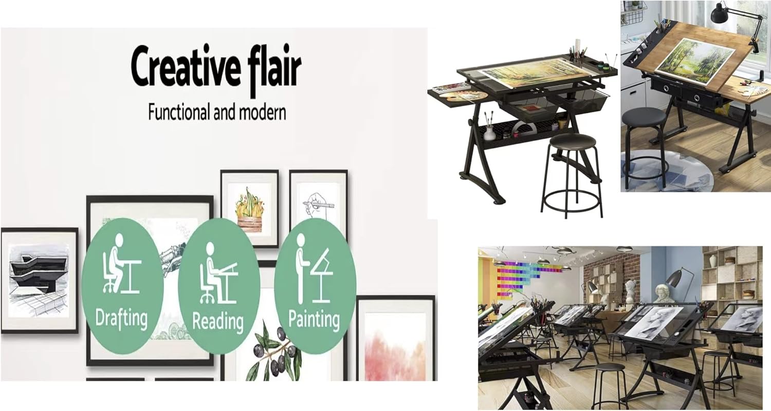 Glass Drafting Table Art Desk  - Home Office Desk With Drawers ulasan dan harga